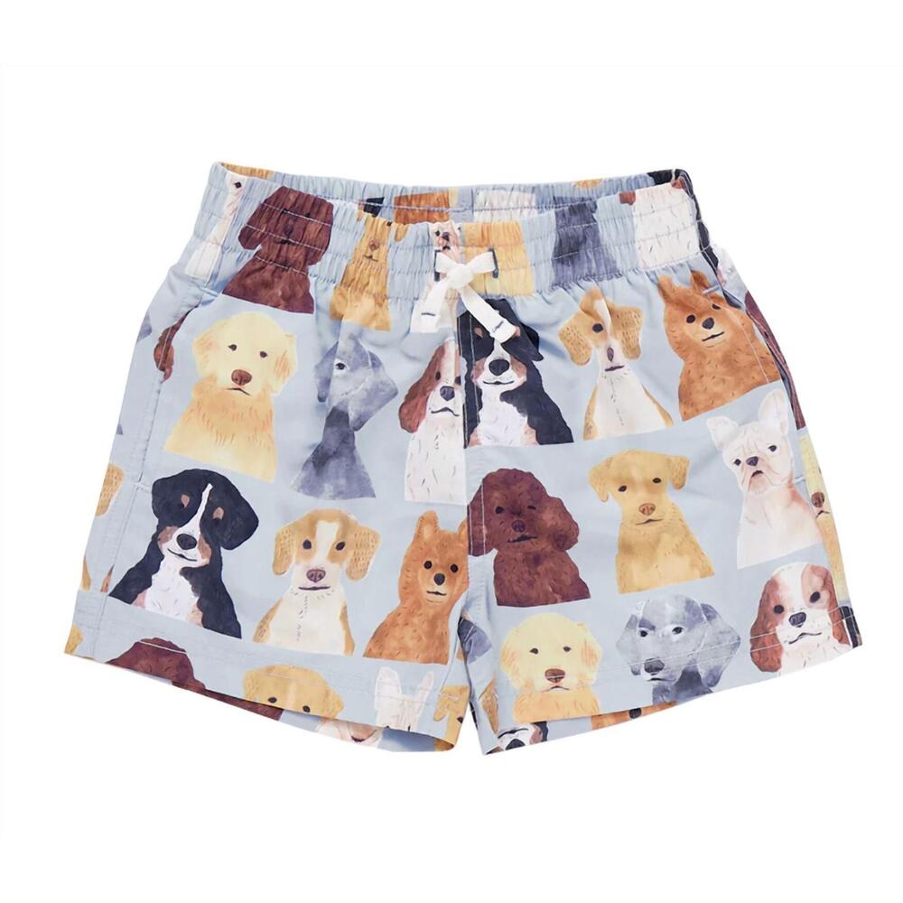 NEW PINK CHICKEN boy's swim trunks in light blue watercolor dogs